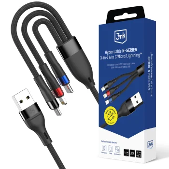 3mk Hyper Cable N-SERIES 3in1 USB-A uz USB-C / Lightning / Micro USB kabelis 1.2m 18W, melns