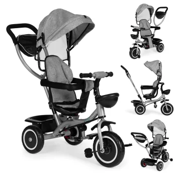 ECOTOYS trīsriteņu velosipēds-ratiņi 2v1 ar grozāmu sēdekli, pelēks
