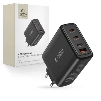 Tech-Protect NC100W-GAN tīkla lādētājs GaN 3x USB-C PD 100W / USB-A QC 3.0, melns