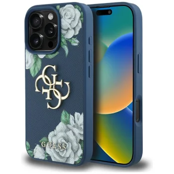 Guess Grained Roses Big 4G Logo vāciņš Apple iPhone 16 Pro - Zils