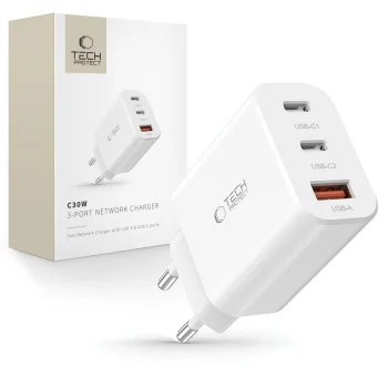 Tech-Protect NC30W lādētājs 2x USB-C PD 30W / USB-A QC 3.0, balts