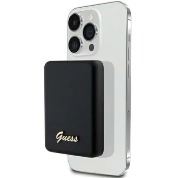 Guess Metal Script Logo MagSafe ārējais akumulators 15W 5000 mAh, melns