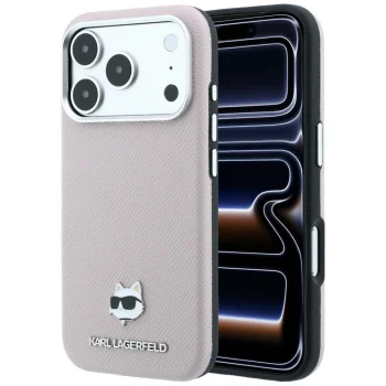 Karl Lagerfeld Grained Choupette Head Metal MagSafe vāciņš iPhone 17/18 Pro Max, rozā