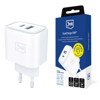 Sienas lādētājs 3mk DualCharge 20W USB-C USB-A PD3.0 QC 3.0 PPS, balts