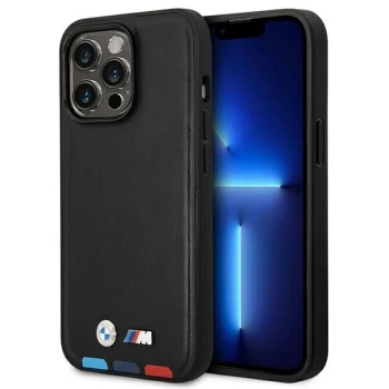 BMW iPhone 14 Pro Max maciņš Leather Stamp Tricolor MagSafe Melns