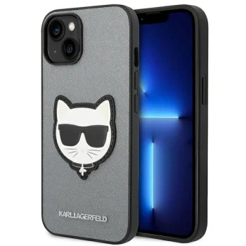 Karl Lagerfeld Choupette Head Patch vāciņš iPhone 14 Plus, sudraba