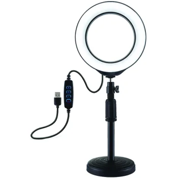 LED riņķa lampa 16cm ar galda statīvu 18-28cm, USB