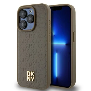 DKNY iPhone 15 Pro vāciņš Leather Monogram Pattern Metal Logo MagSafe, brūns