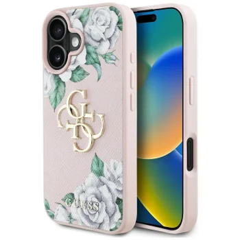 Guess Grained Roses Big 4G logo vāciņš iPhone 16 6.1", rozā