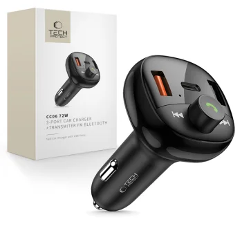 Auto lādētājs Tech-Protect CC06 ar FM raidītāju, 3 porti PD 72W, melns