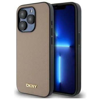 DKNY Grained Metal Logo MagSafe vāciņš priekš iPhone 15 Pro Max 6.7", bēšs