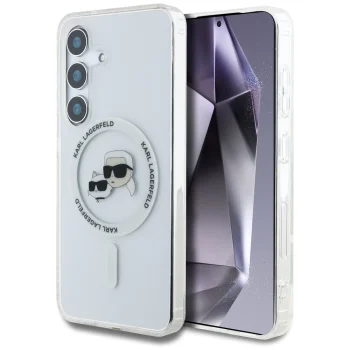 Karl Lagerfeld Button Karl & Choupette Heads MagSafe vāciņš Samsung Galaxy S25, balts