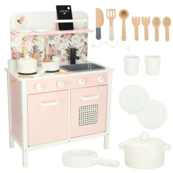 Bērnu koka virtuve MDF Lulilo FLoro ar traukiem 82cm, Rozā | Children's Wooden Kitchen