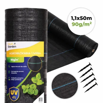 Multigarden Melns Agroplēves Pretzāļu Paklājs 90g/m² 1.1x50m ar Tapām