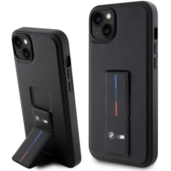 BMW iPhone 14 Plus / 15 Plus vāciņš Grip Stand Hot Stamp, melns