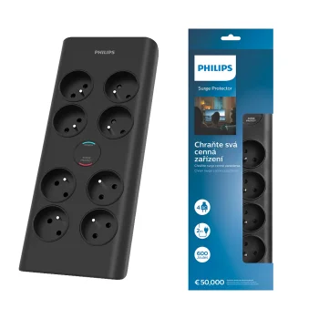 Pārsprieguma aizsardzības pagarinātājs Philips, 8 ligzdas, 16A, 2 m, melns