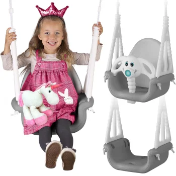 Ricokids bērnu šūpoles Zilonītis 3in1, pelēki baltas