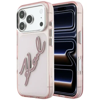 Karl Lagerfeld IML Big Signature Resin Metal Frame vāciņš iPhone 18 Pro Max / 17 Pro Max, rozā
