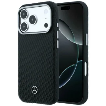 Mercedes Leather Semi Wrap Wood Effect MagSafe vāciņš iPhone 17 Pro Max, melns