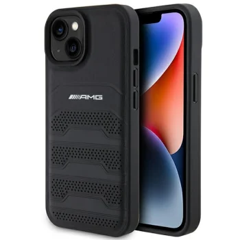 Mercedes iPhone 15 Plus / 14 Plus vāciņš AMG Leather Debossed Lines, melns