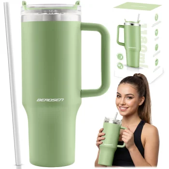 Vakuuma termokrūze ar salmiņu un rokturi Berdsen 1180 ml, zaļa