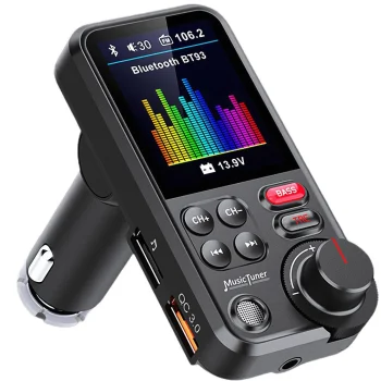 Bluetooth 5.0 FM raidītājs ar brīvroku sistēmu, USB QC, TF, Bass, LCD, 12-24V, melns