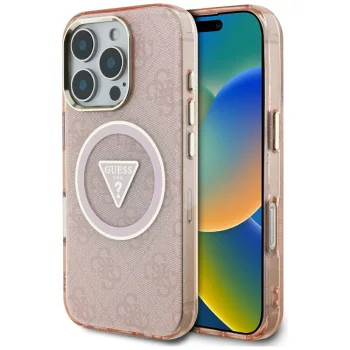 Guess IML Metal Glitter 4G Circle Triangle MagSafe vāciņš iPhone 16 Pro Max, rozā