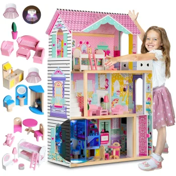 3 stāvu koka leļļu mājiņa ar liftu un LED apgaismojumu | Wooden Doll House