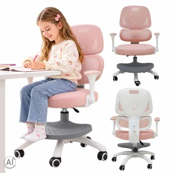 Ergonomisks bērnu rakstāmgalda krēsls ar kāju balstu, regulējams, rozā