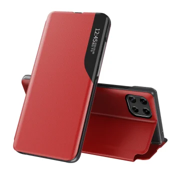 Atverams vāciņš Samsung Galaxy A22 4G Hurtel Eco Leather View Case ar statīvu, sarkans