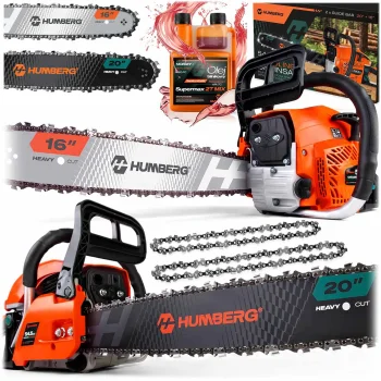 Benzīna motorzāģis Humberg 2,3 kW 58 cm³, sliedes 16" un 20", 2 ķēdes, eļļa