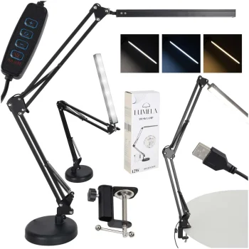 LED galda lampa ar USB, regulējamu roku un 2 stiprinājumiem KX2988, melna