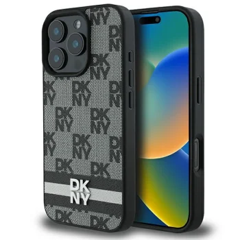 DKNY iPhone 16 Pro vāciņš Checkered Pattern & Printed Stripes, melns