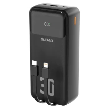 Ārējais akumulators Dudao K15MAX 30000mAh PD 22.5W ar iebūvētiem kabeļiem, melns