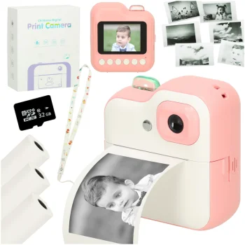 Rozā bērnu momentlēcienu fotokamera ar termisko printeri un 32GB karti