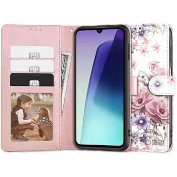 Xiaomi Redmi 14C Tech-Protect Wallet Book Case Cover, Pink Flowers | Telefona Vāciņš Maciņš Apvalks Grāmatiņa