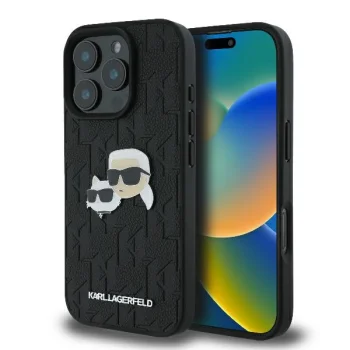 Karl Lagerfeld iPhone 16 Pro vāciņš Monogram Karl & Choupette Head Pin, melns
