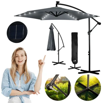 Plonos 488200 dārza saulessargs ar LED apgaismojumu un pārvalku, 350 cm, pelēks