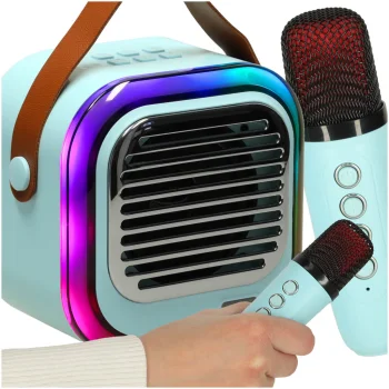 Karaoke komplekts ar Bluetooth skaļruni un 2 mikrofoniem, USB, LED, 10W, zils