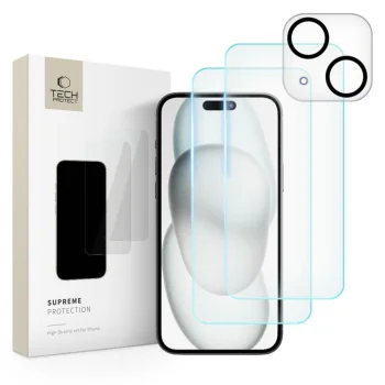 Tech-Protect Supreme aizsargstiklu komplekts iPhone 15, 2x ekrānam / 1x kamerai