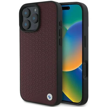BMW Sign Leather Diamond Metal Logo MagSafe vāciņš iPhone 16 Pro Max, sarkans