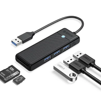 Orico PAPW3AT-U3 USB centrmezgls ar 3x USB-A 3.0 un microSD/SD karšu lasītāju, 1m, melns