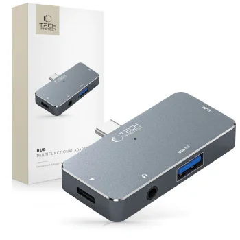 Tech-Protect V6 4in1 USB-C centrmezgls (HDMI, USB-A, PD 100W, Audio) - Pelēks