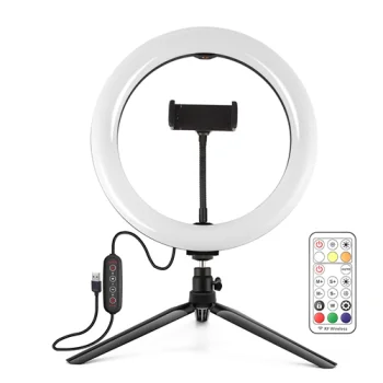 LED riņķa lampa 26 cm ar statīvu, tālruņa turētāju un tālvadības pulti
