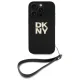 DKNY Wrist Strap Stock Logo iPhone 16 Pro vāciņš ar rokas siksniņu, melns