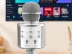Bezvadu Bluetooth karaoke mikrofons ar skaļruni un maciņu, sudraba
