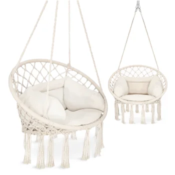 BOHO stila piekārtais krēsls ar spilvenu, 80 x 60 x 125 cm, bēšs