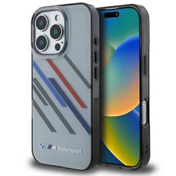 BMW Motosport IML Random Stripes vāciņš iPhone 16 Pro, pelēks