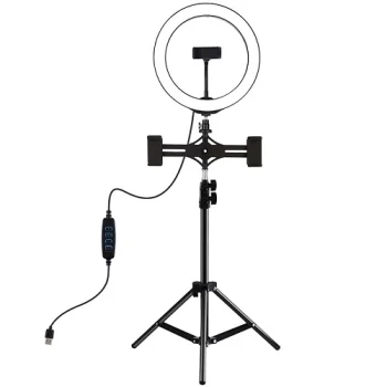 LED gredzenveida lampa 26cm ar statīvu līdz 1,1m un 3 tālruņa turētājiem, USB