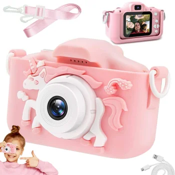 Bērnu Mini Fotoaparāts Digitālā Kamera ar Spēlēm Vienradzis, 1080P, Rozā | Children HD Digital Camera